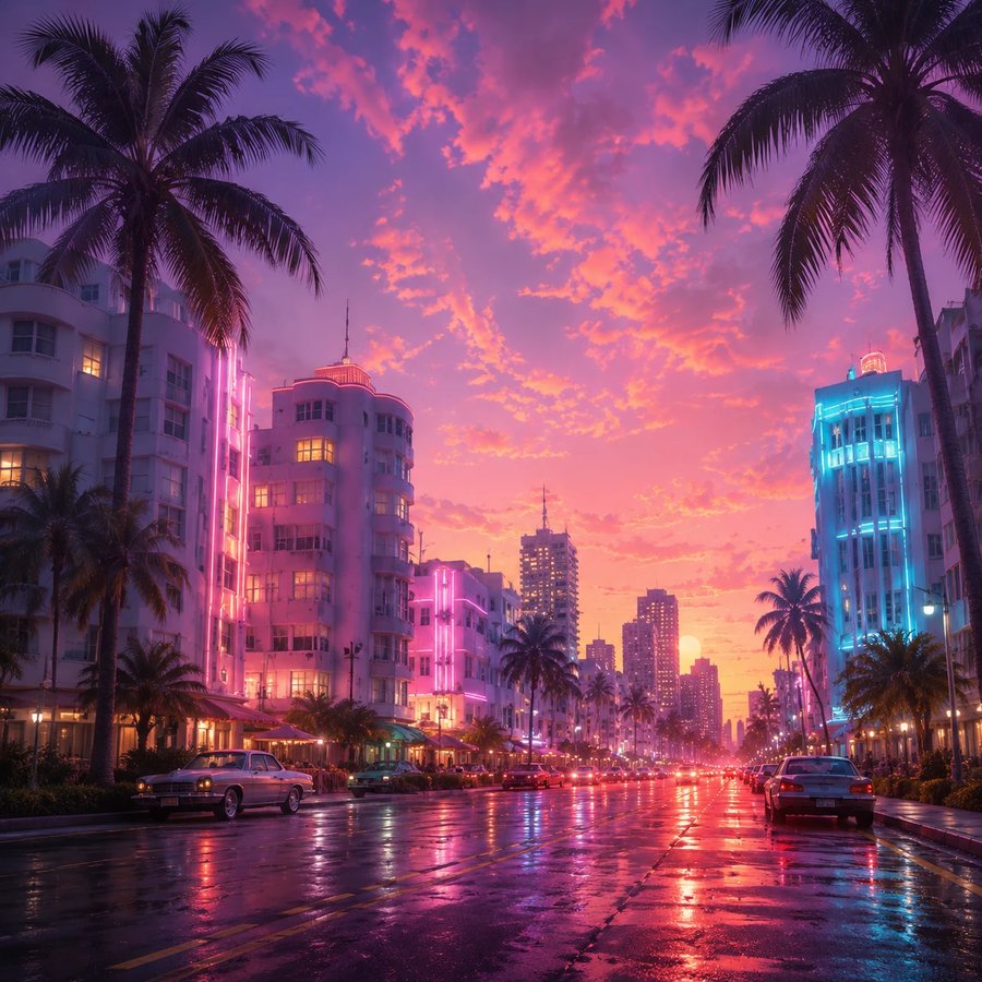 Concept art: an art deco avenue at dusk