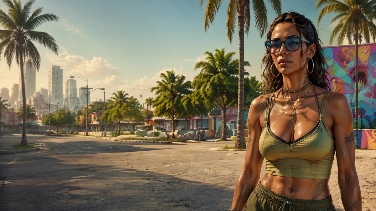 Concept art: a figure in front of a painted wall under palm trees