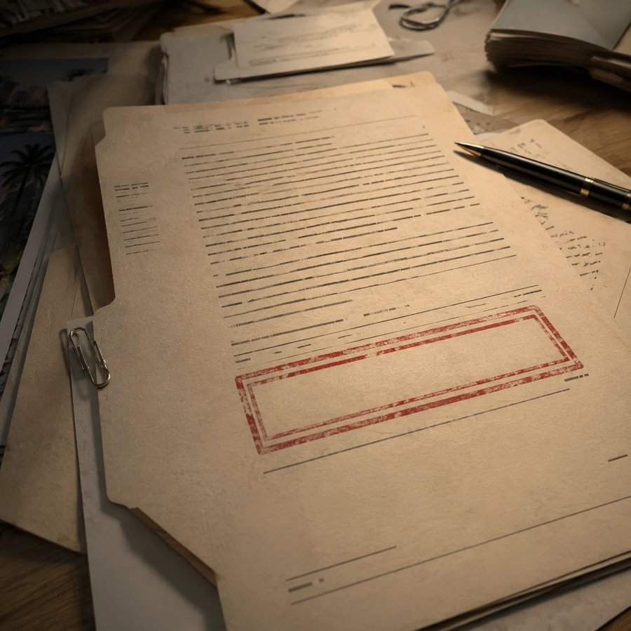 Concept art: a stamped paper file on a desk
