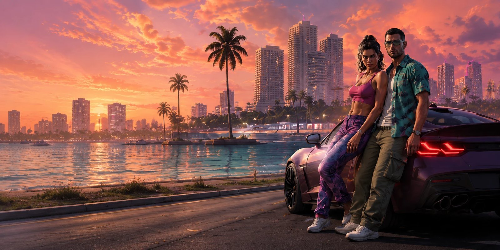 Concept art: two figures beside a car on a Leonida seafront at sunset