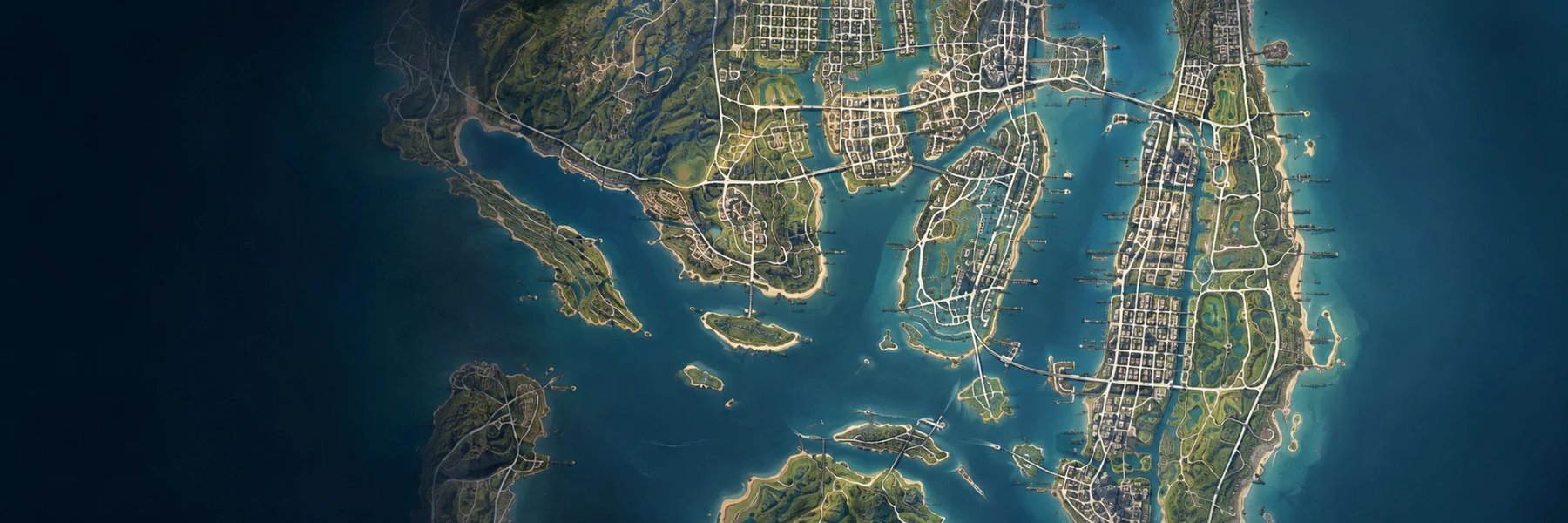 Concept art: an aerial view of an island chain crossed by roads