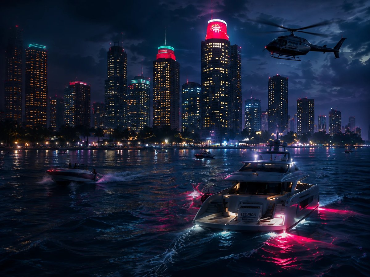 Concept art: a lit skyline over a bay at night, a yacht and a helicopter