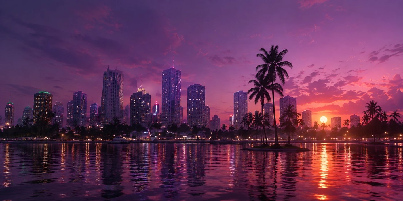 Concept art: a skyline reflected in still water at sunset