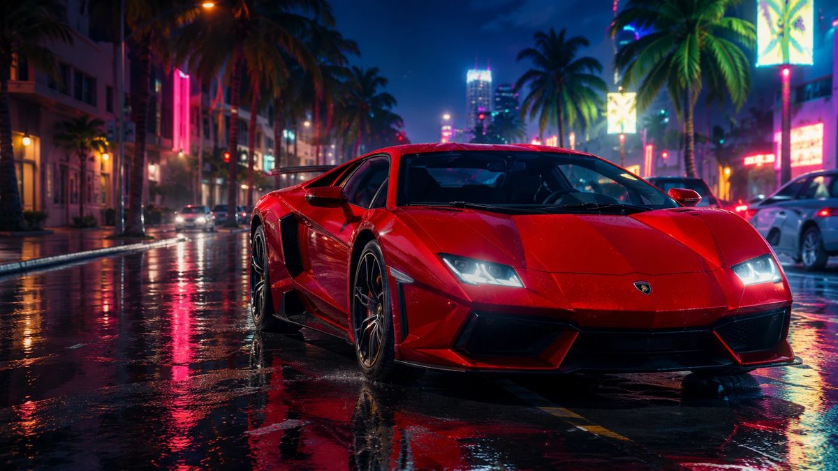 Concept art: a red sports car on a neon-lit street at night