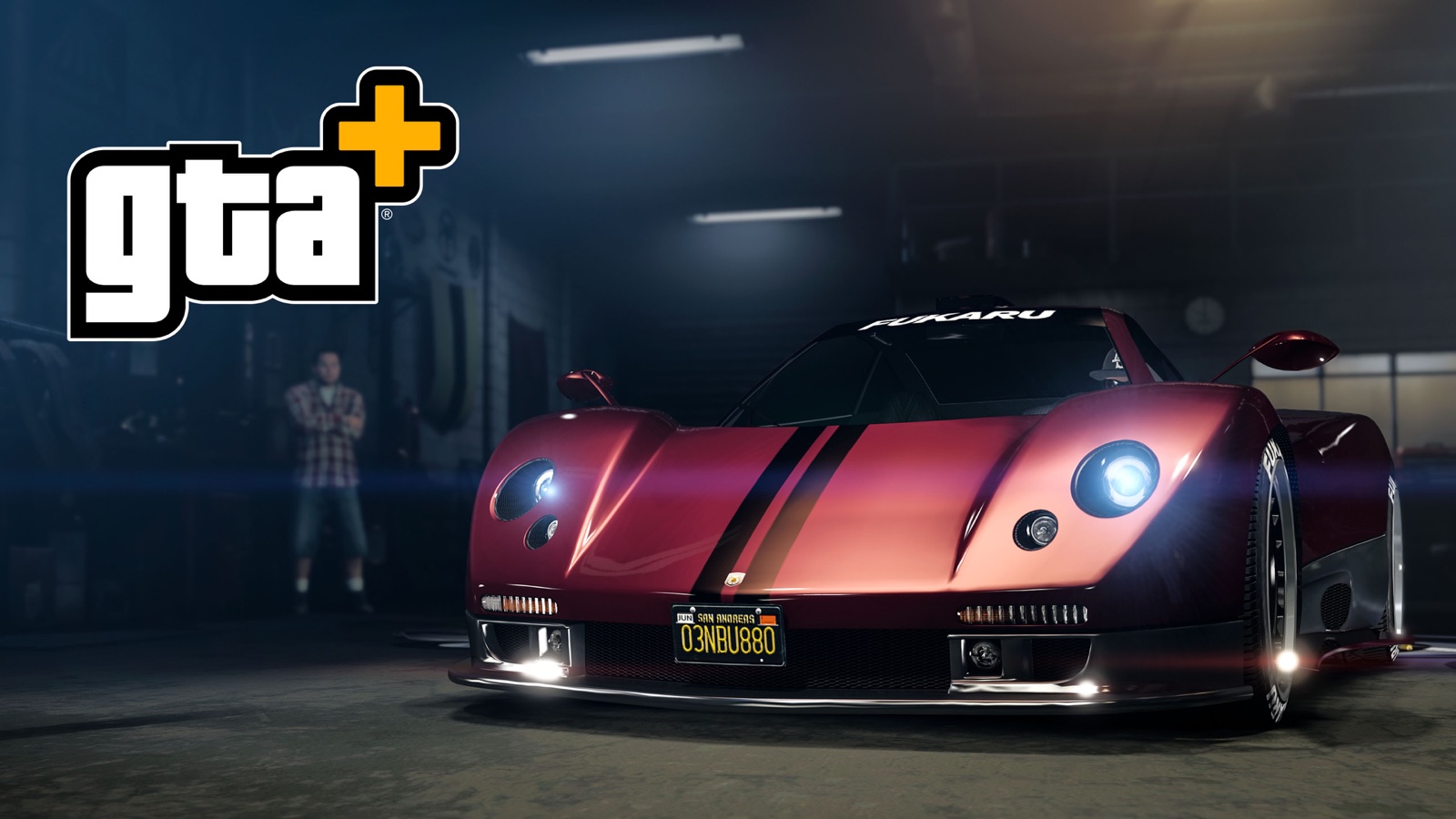 The Pegassi Horus supercar in a garage with the GTA+ logo, official GTA Online artwork