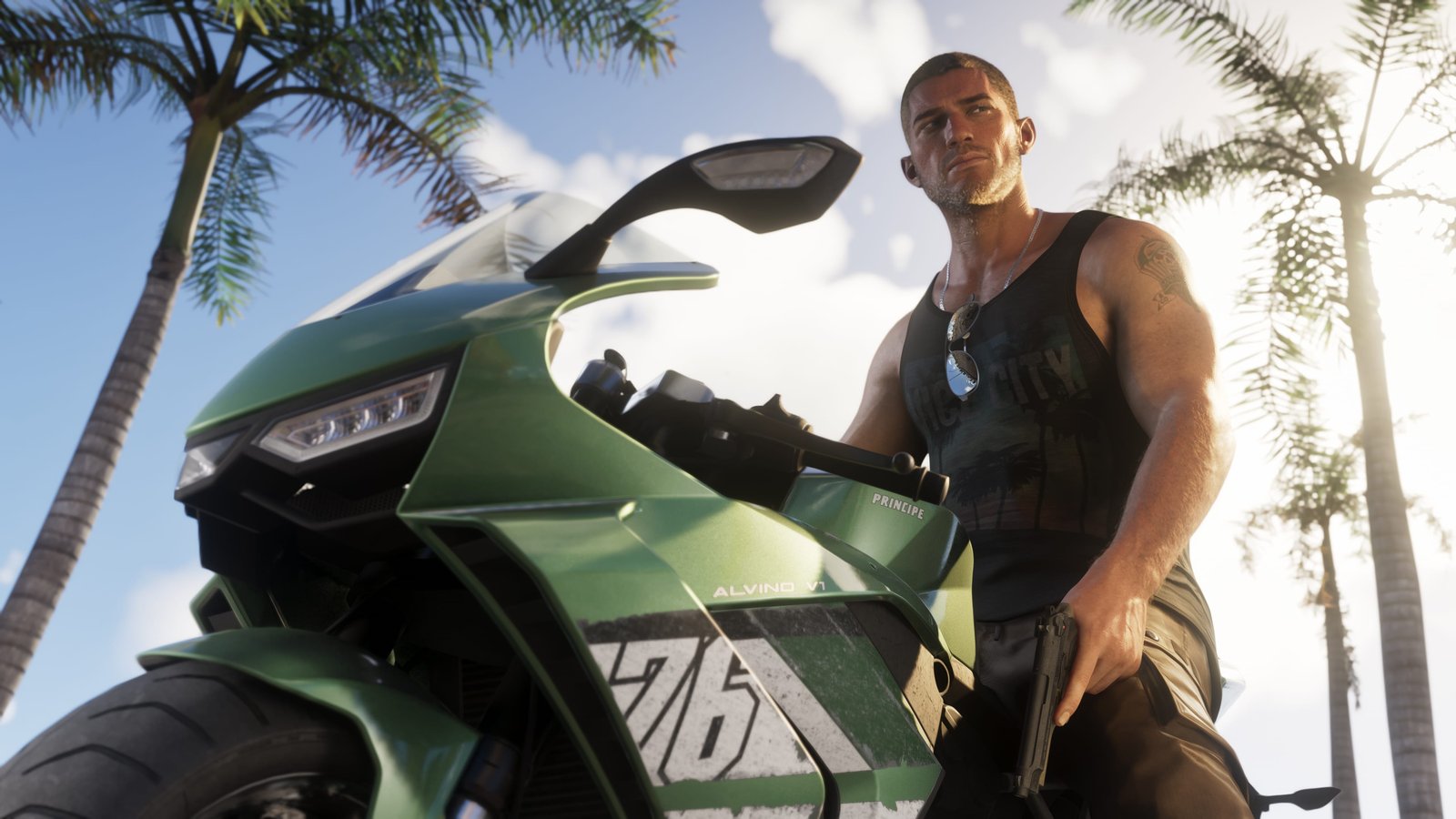 Jason on a green sport bike, the Vice City skyline behind him.