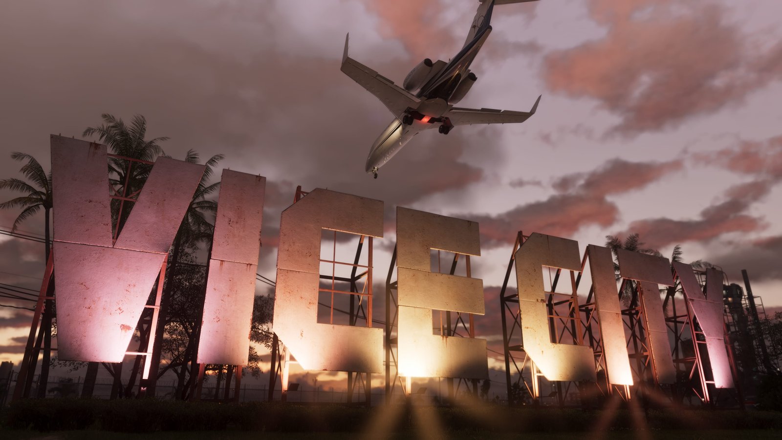 The Vice City letters cut into a hillside, a jet crossing overhead.