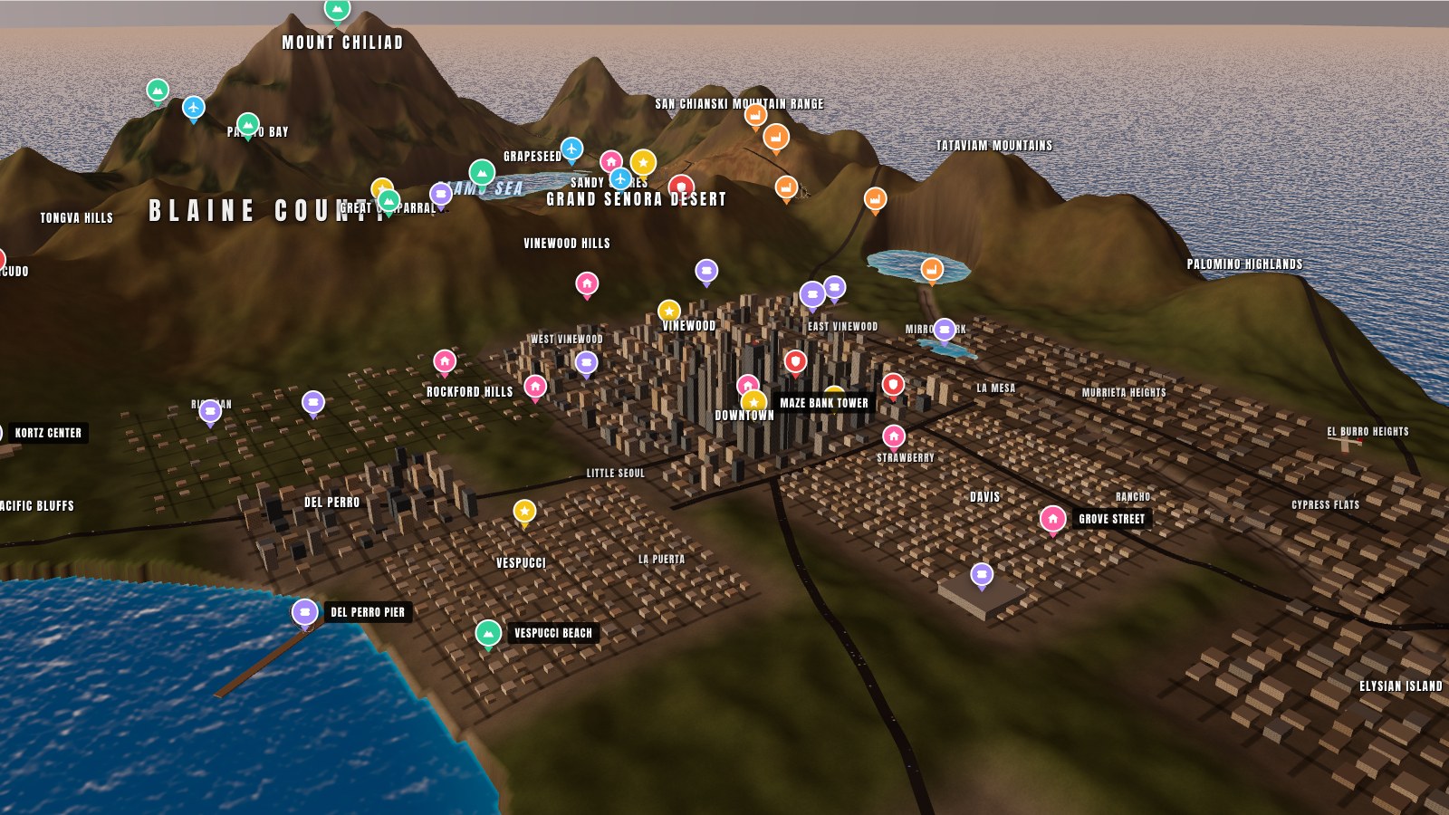 3D map of Los Santos and Blaine County from GTA 5, rendered by ALLGTA World